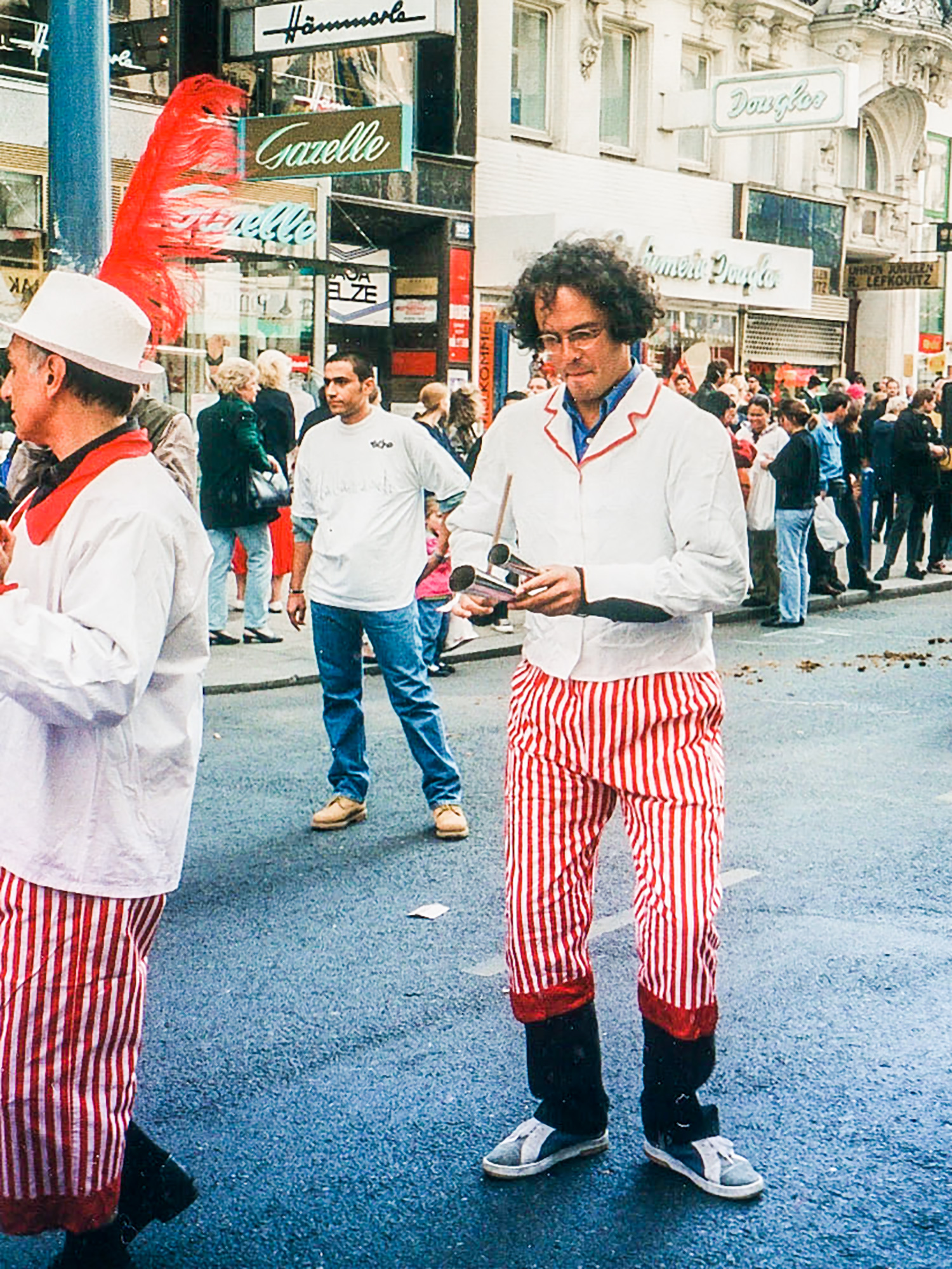 Paulo Bittencourt, playing agogô (an Afro-Brazilian instrument) in a parade of traditional music from different cultures, in Vienna, Austria (1996)